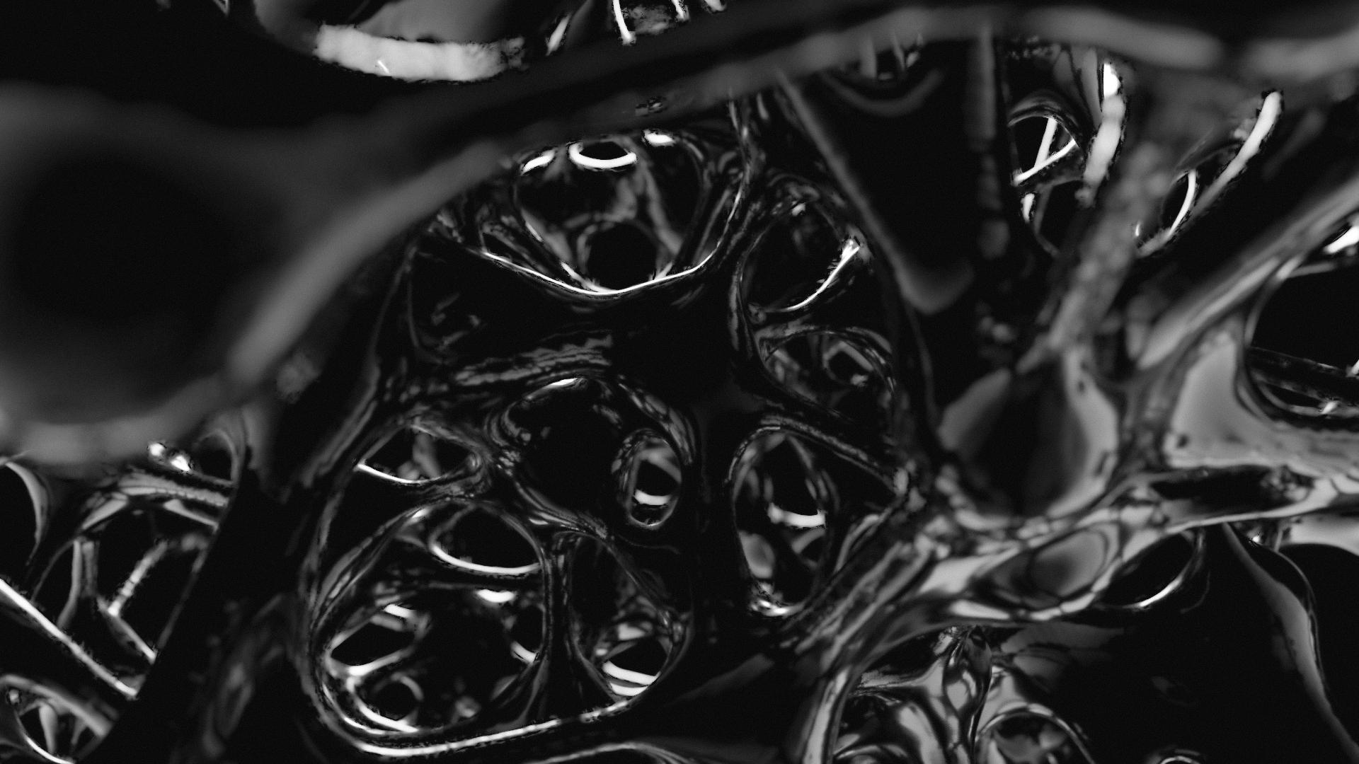 Thick black reflective strands with larger spherical masses where they intersect.